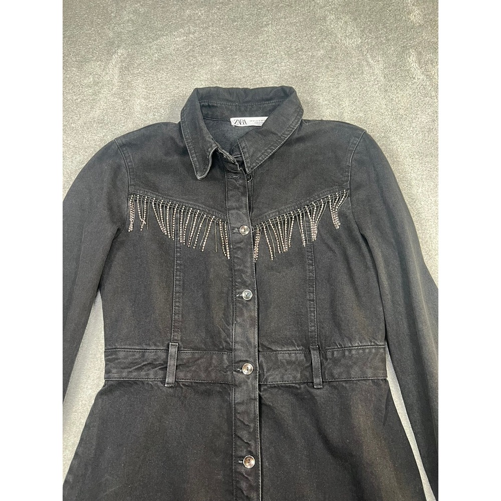 Zara Black Denim Mini Dress Rhinestone Fringe Western Cowgirl Button Front M - Picture 5 of 8